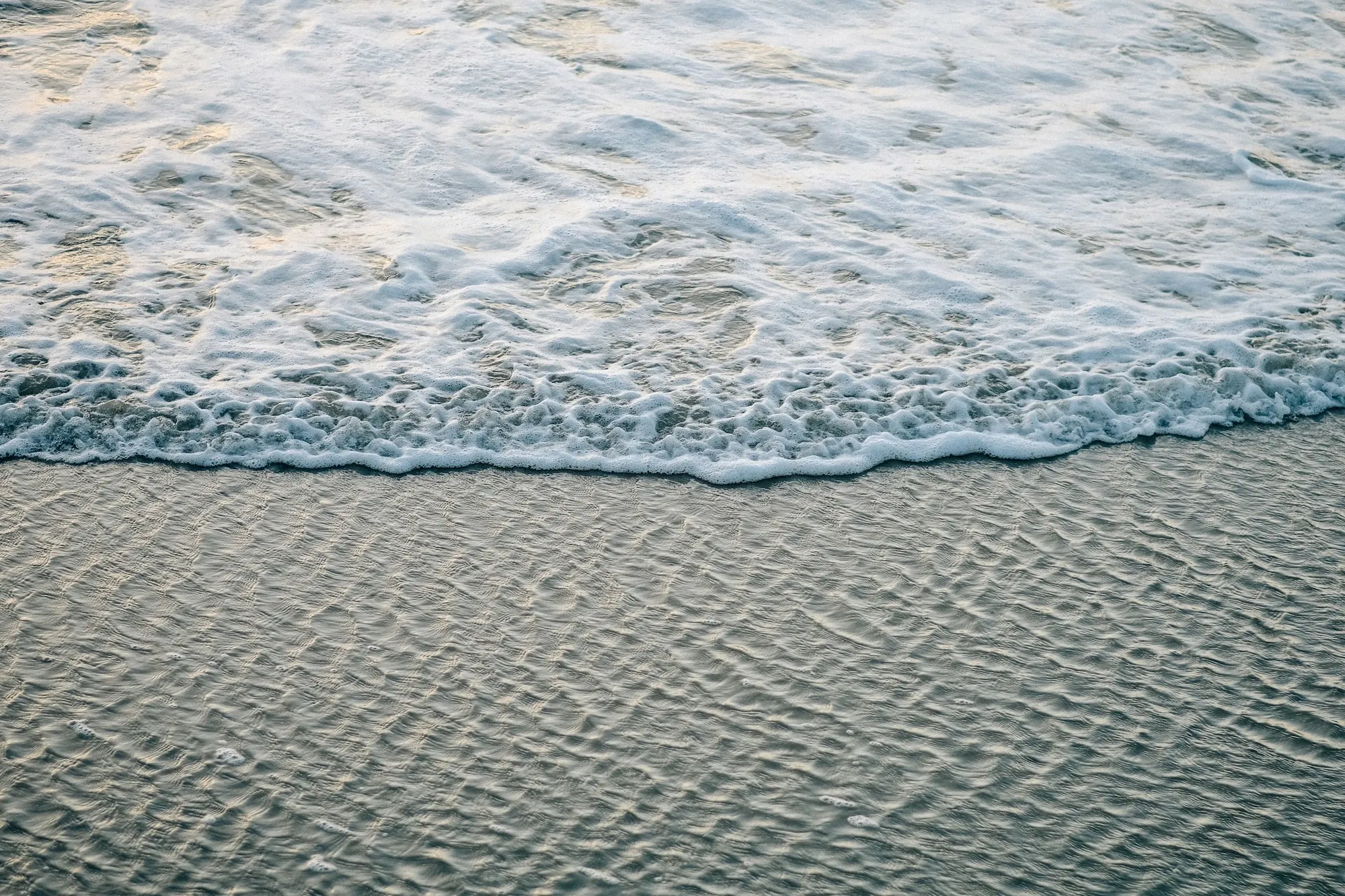 Foam from small waves running up a sandy beach