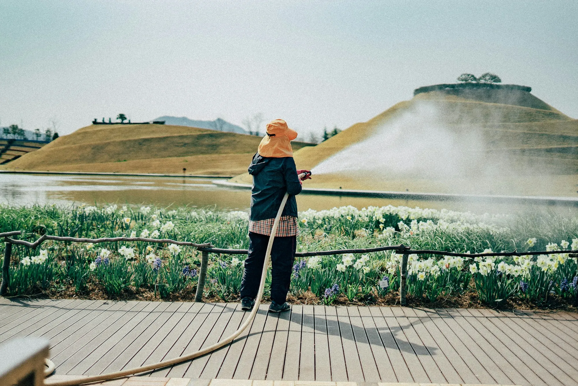 A gardener in an orange hat spraying water across a lake towards two terraced grass hills